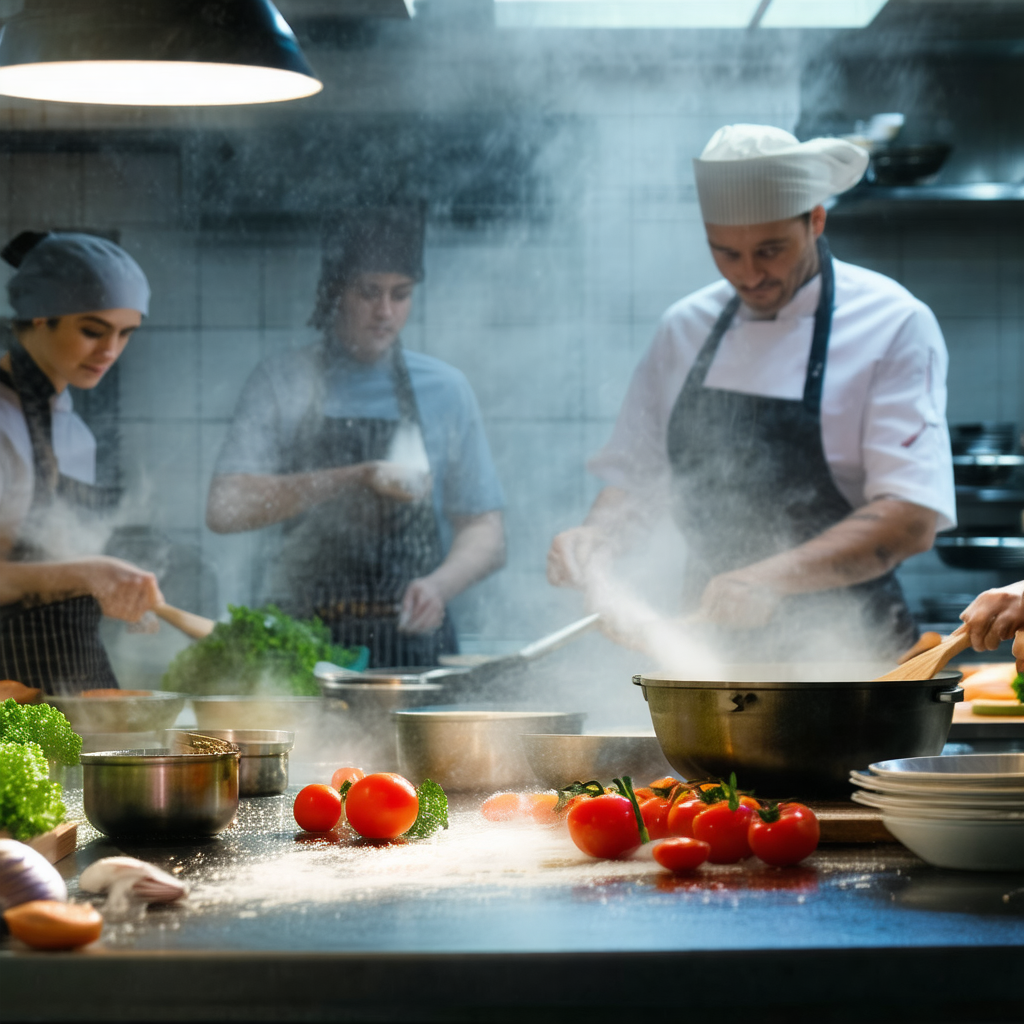 Group of chefs working together in a large, well-equipped...