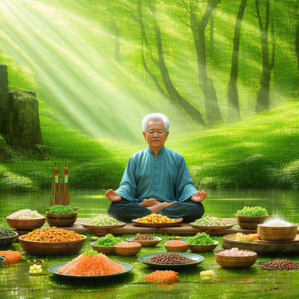 Man sitting on the ground in a forest, surrounded by vari...