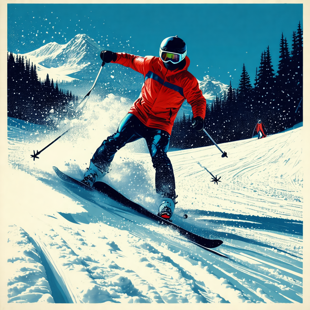Colorful painting of a man skiing down a snowy slope