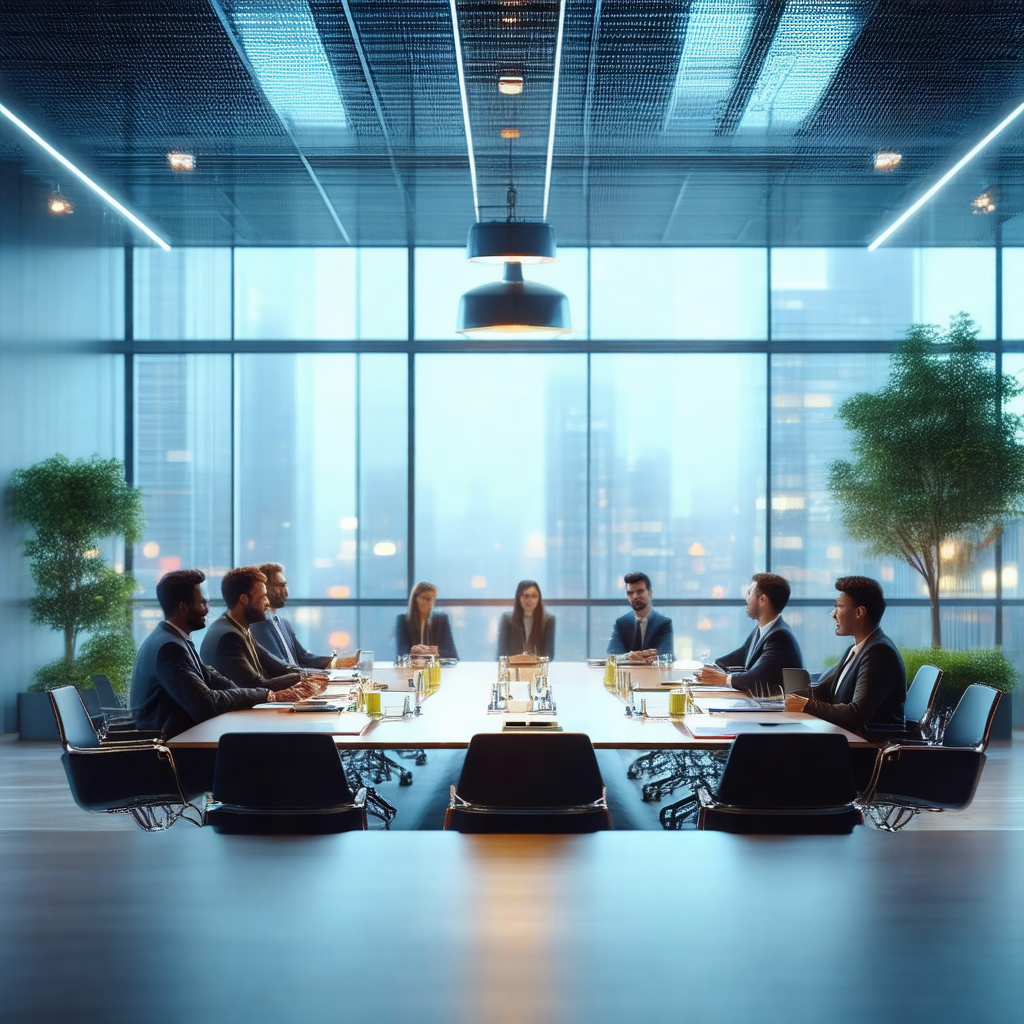 Group of people sitting around a large conference table i...