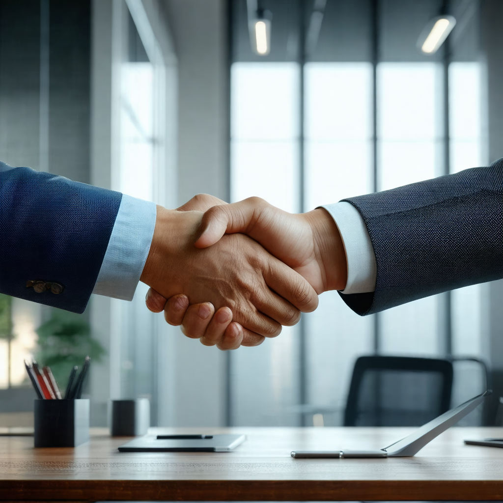Two men shaking hands in a professional office setting