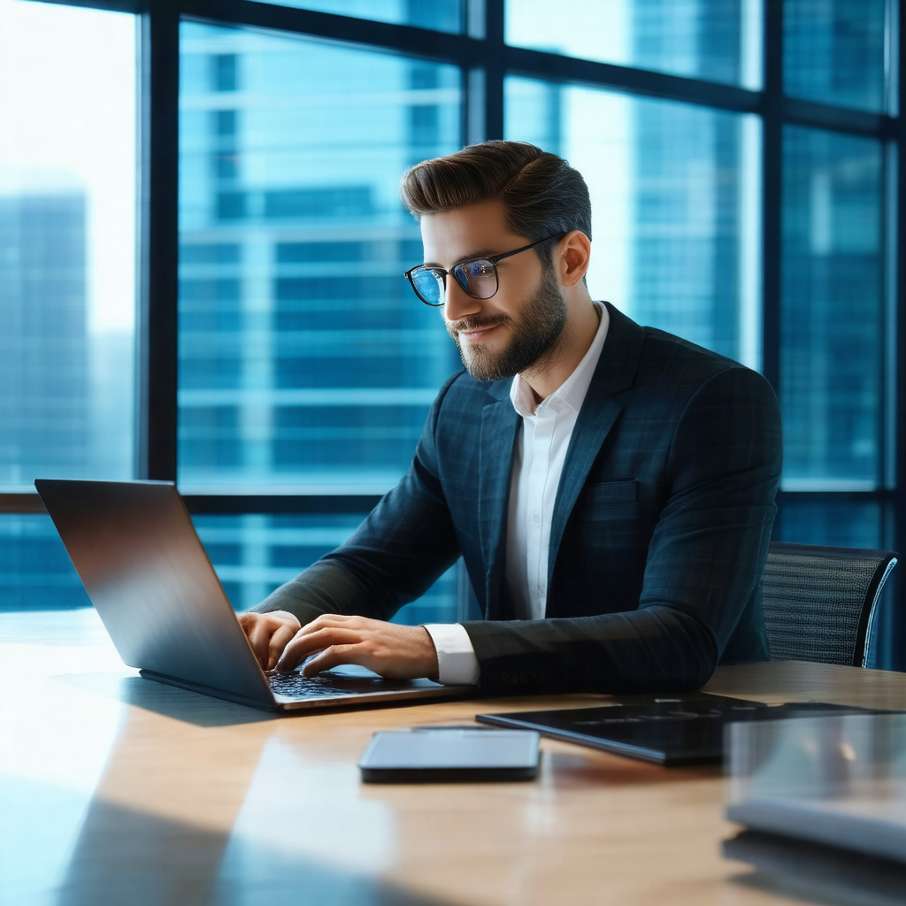 Man wearing a suit and tie, sitting at a desk and working...