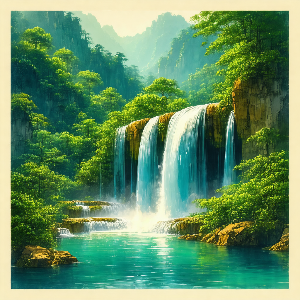 Beautiful waterfall surrounded by lush green trees