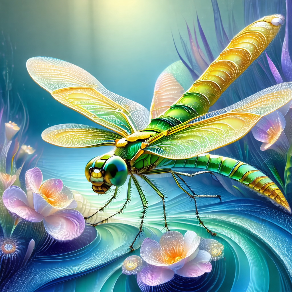 Large, colorful dragonfly with green and yellow wings, pe...