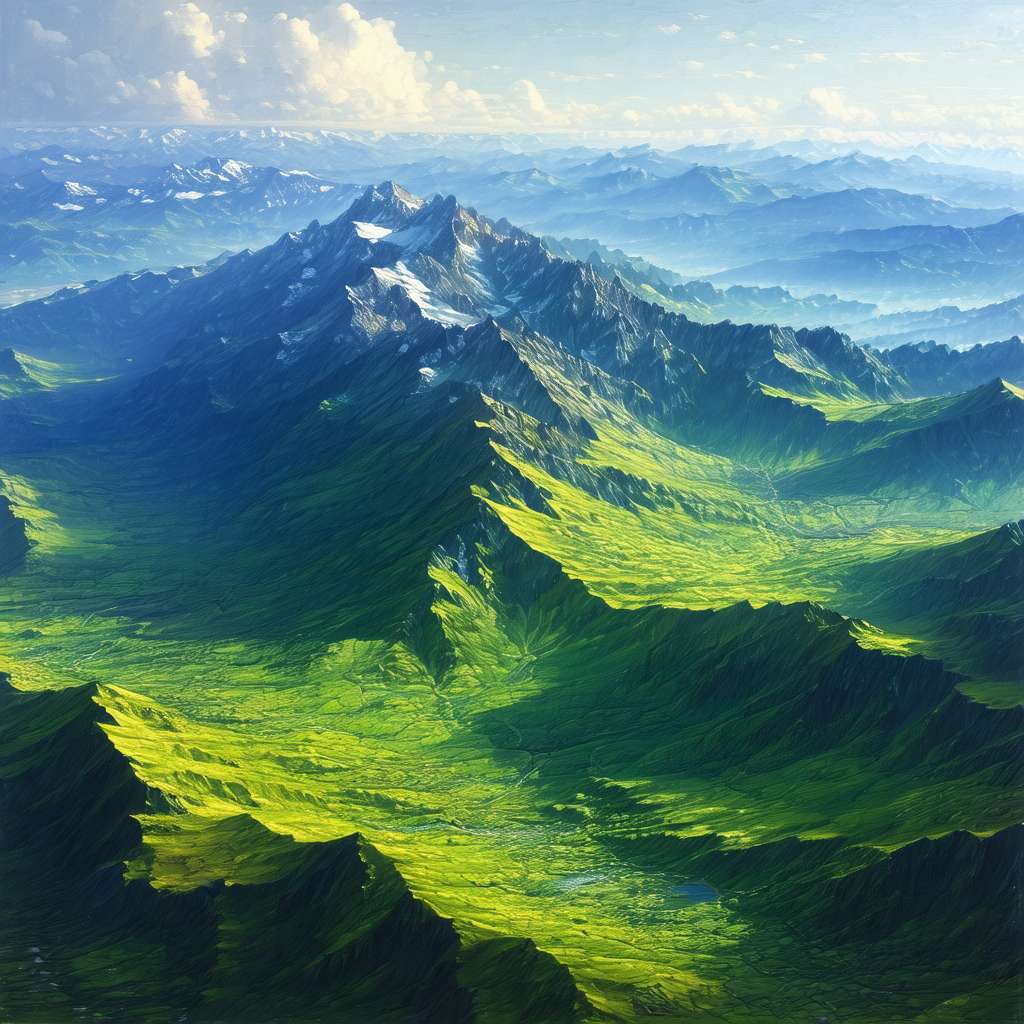 Painting of a mountainous landscape with a lush green valley