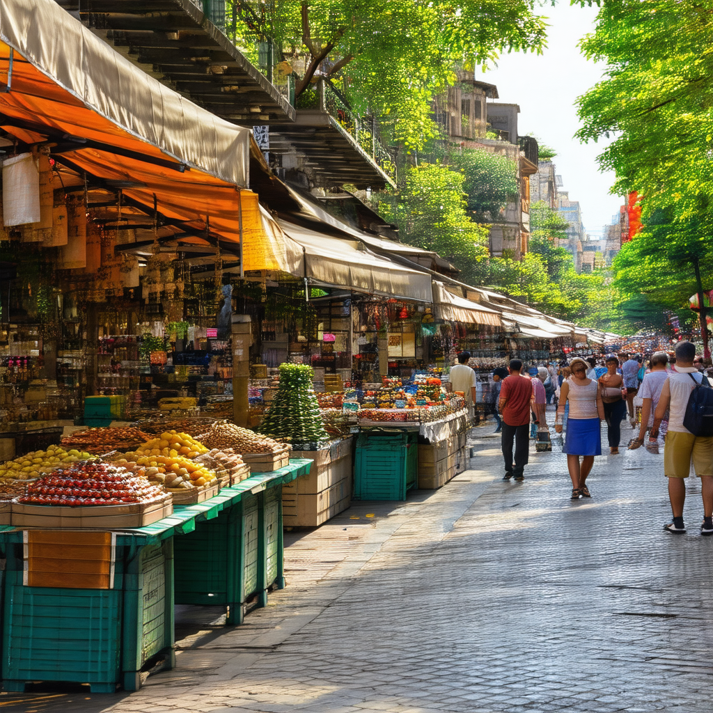 Bustling outdoor market filled with people shopping and w...
