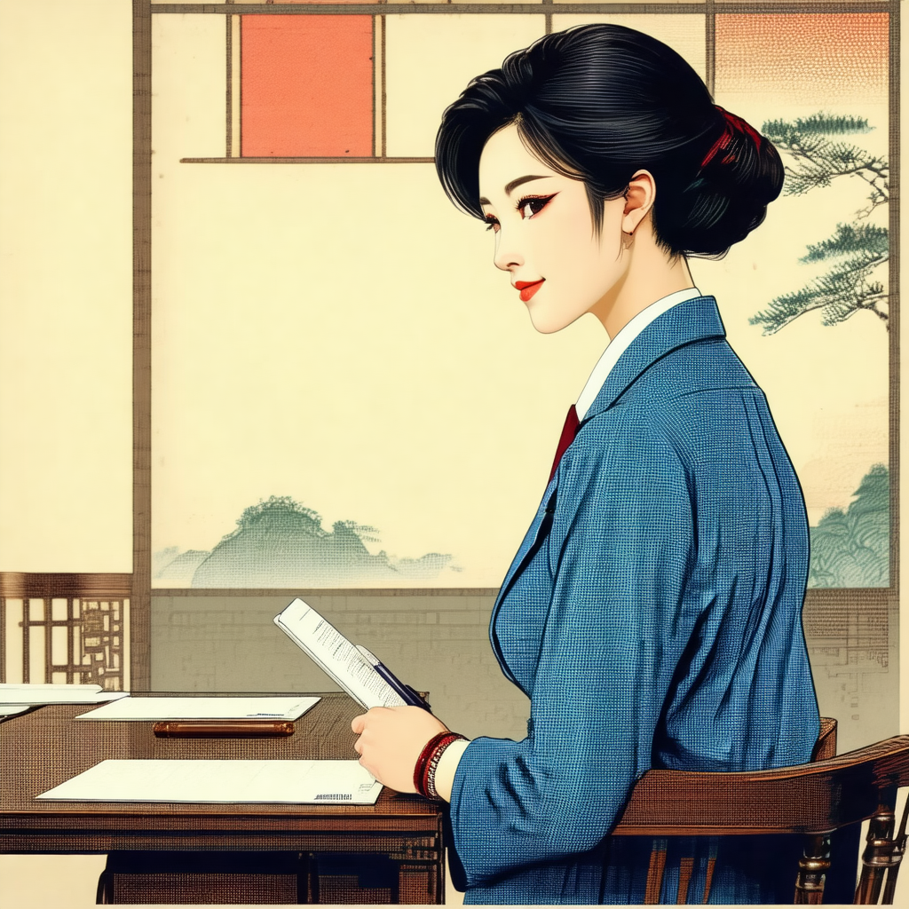 Painting of a woman sitting at a desk, reading a book