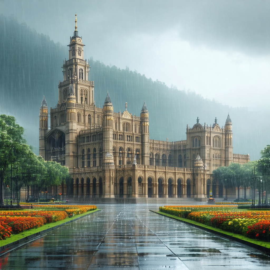 Large, ornate building with a clock tower, which appears ...