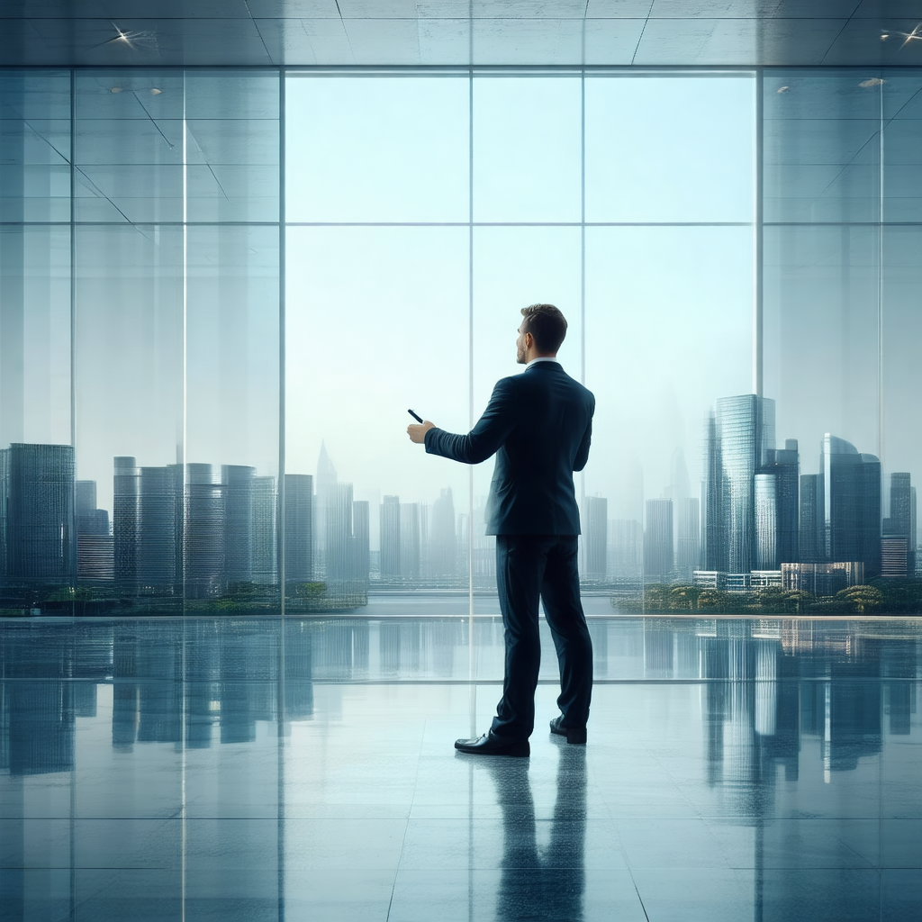 Man standing in a large room, holding a cell phone in his...