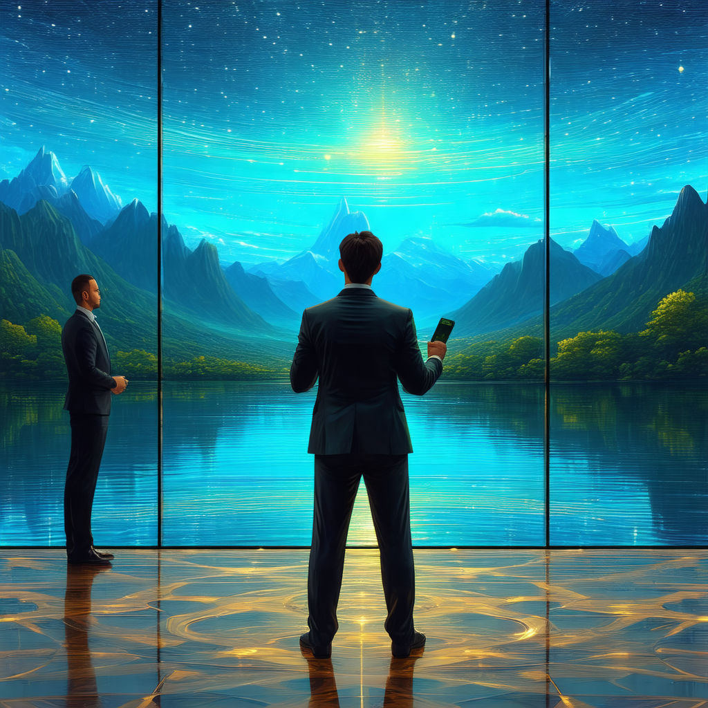 Man standing in front of a large painting of a mountainou...