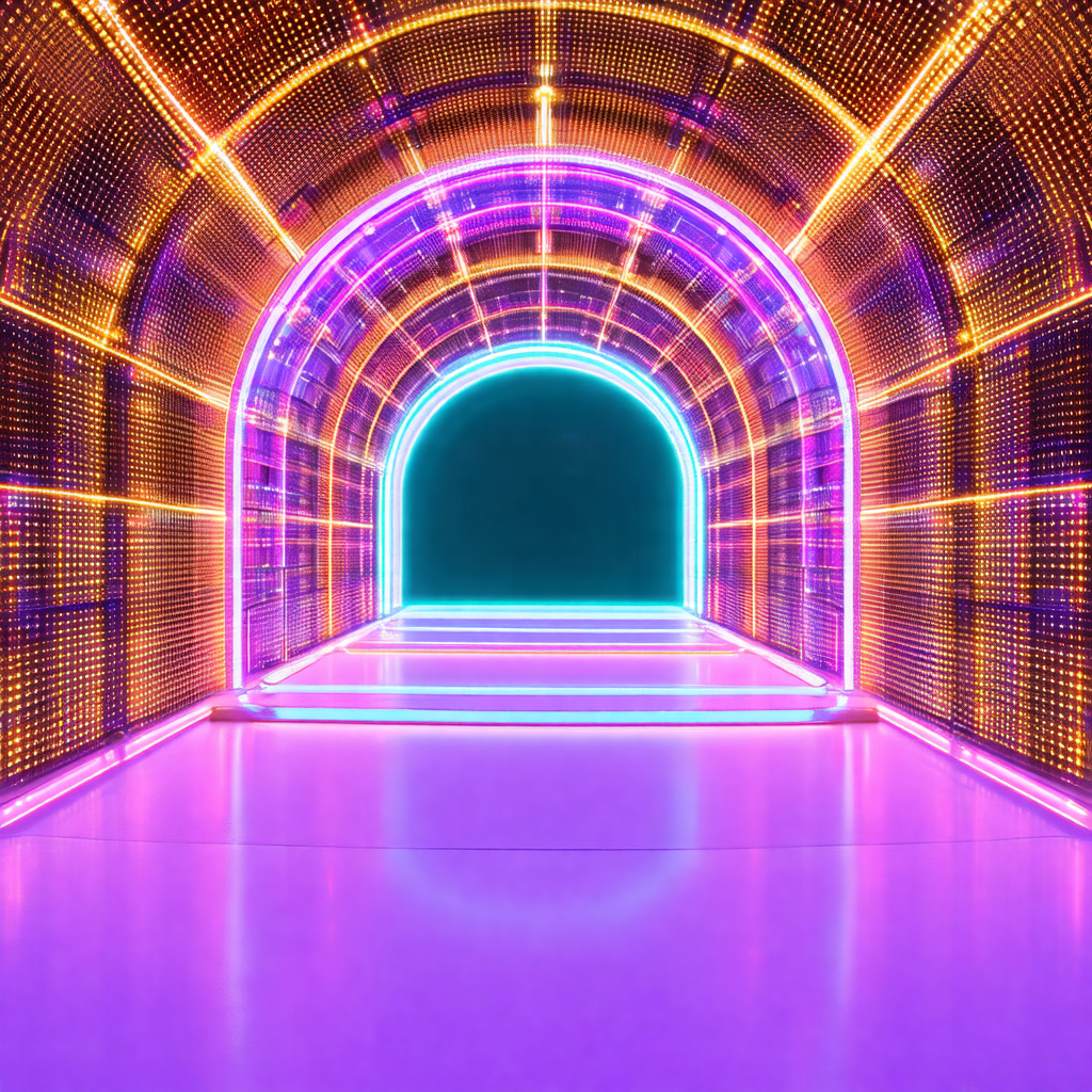 Brightly lit tunnel with a purple glow