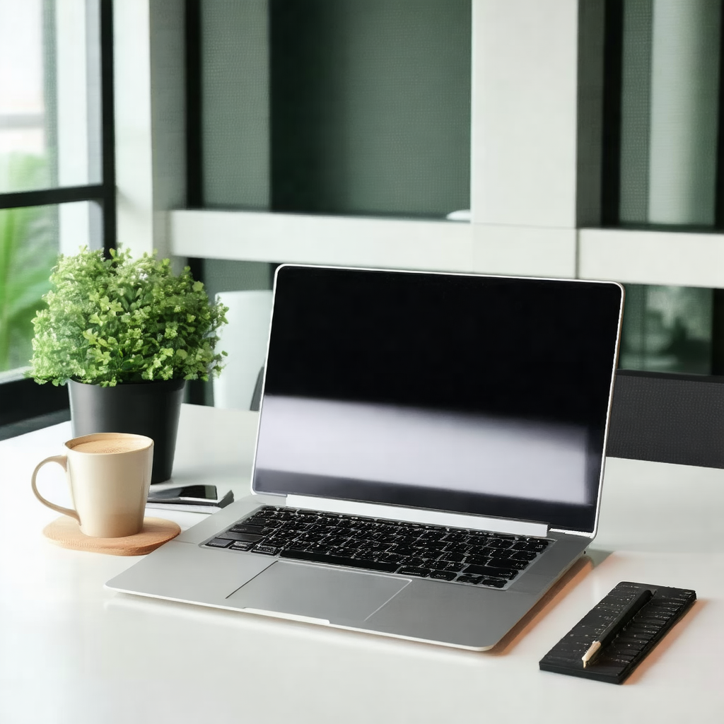 Laptop computer sitting on a desk in a room