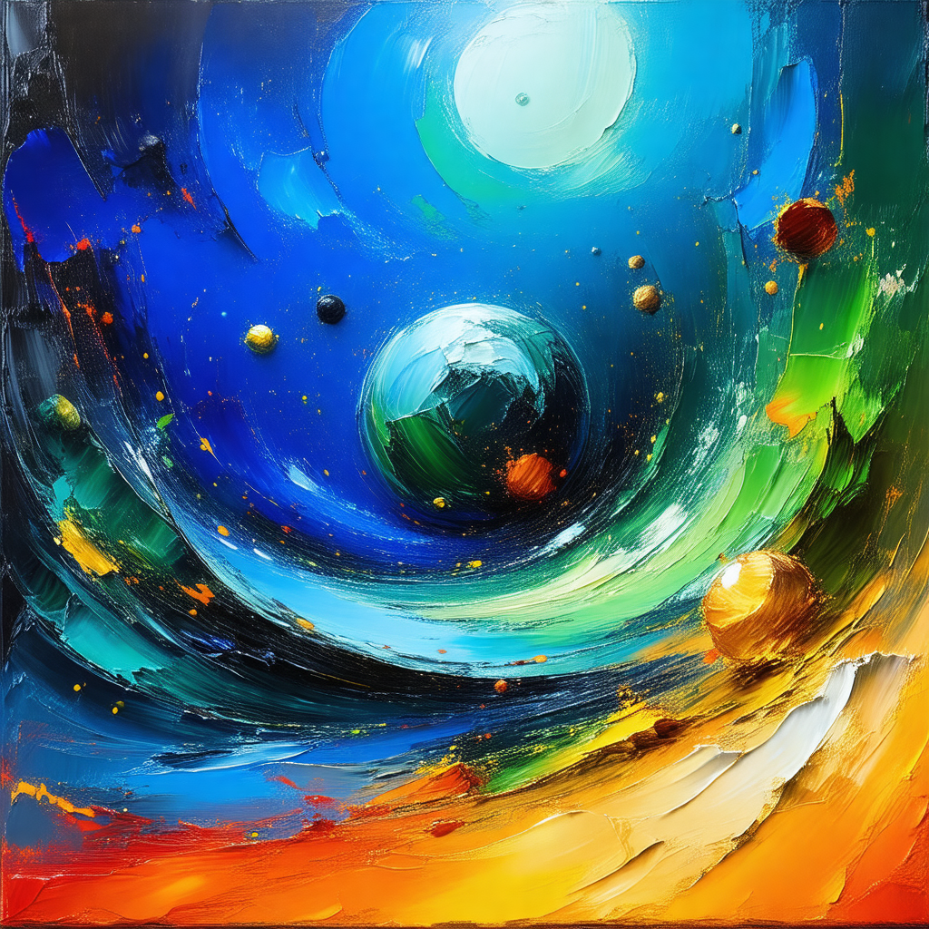 Painting of a colorful, swirling, and dynamic scene