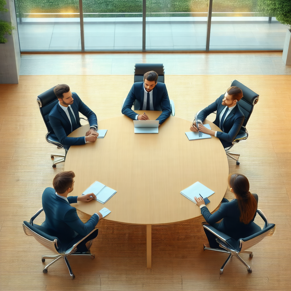 Group of four people sitting around a large wooden table ...
