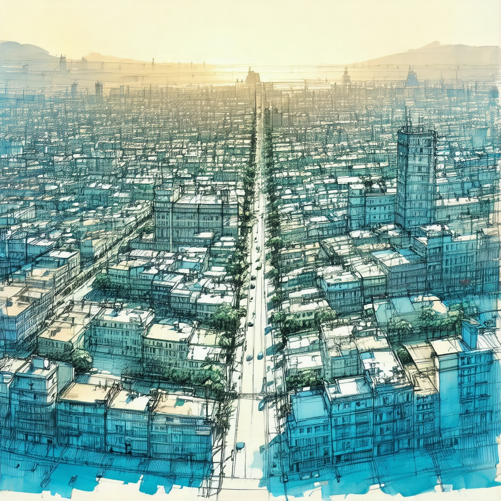 Blue and white drawing of a cityscape