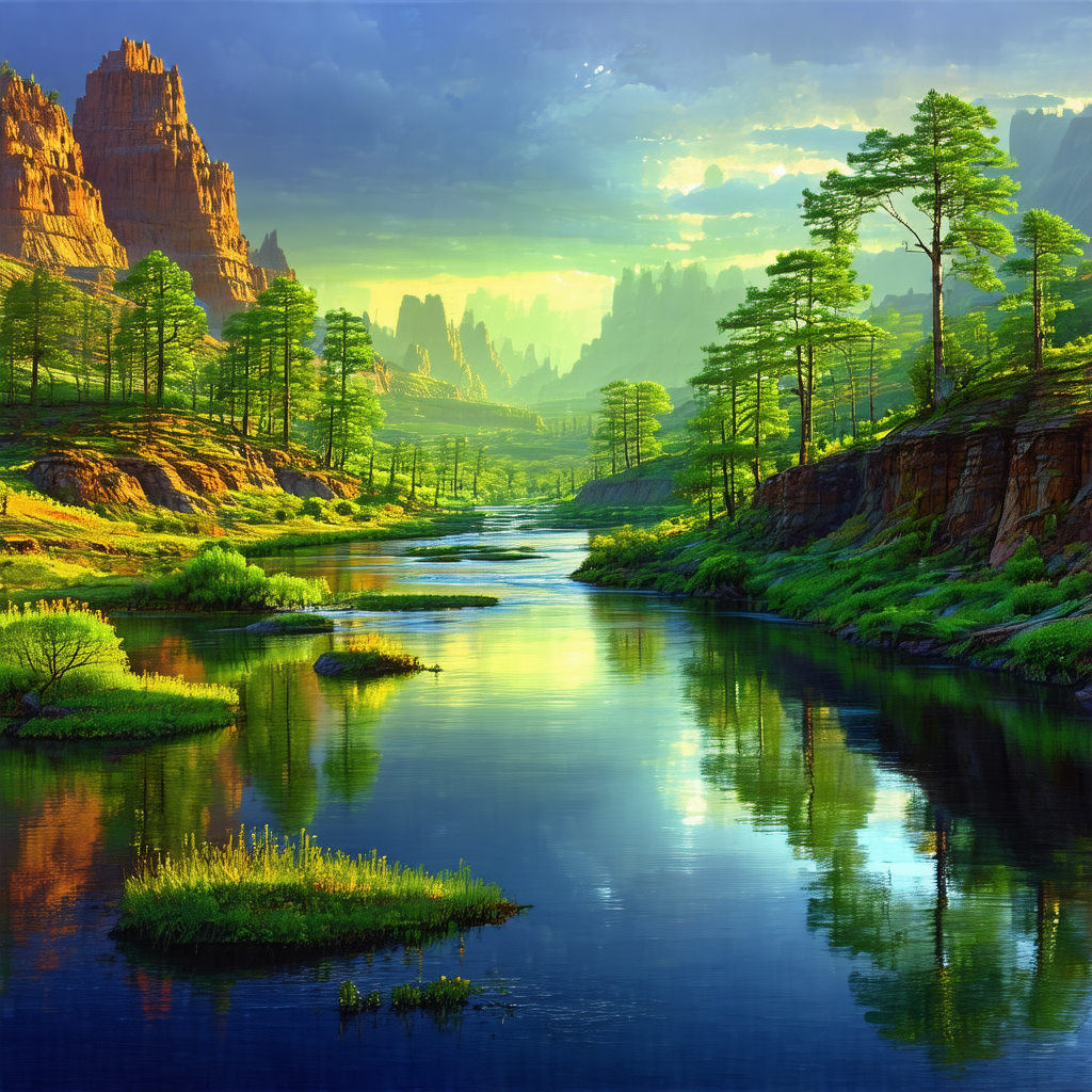 Serene scene of a river flowing through a valley, surroun...