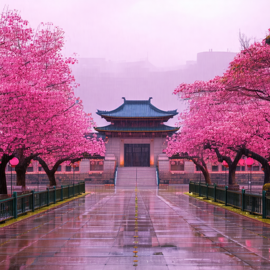Beautiful pink cherry blossom tree lining a walkway