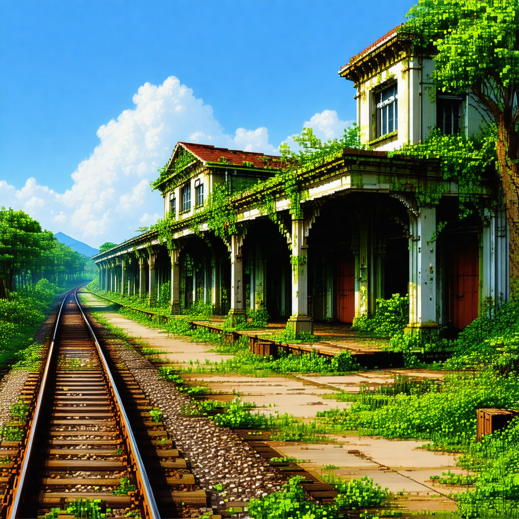 Painting of a train station with a train on the tracks