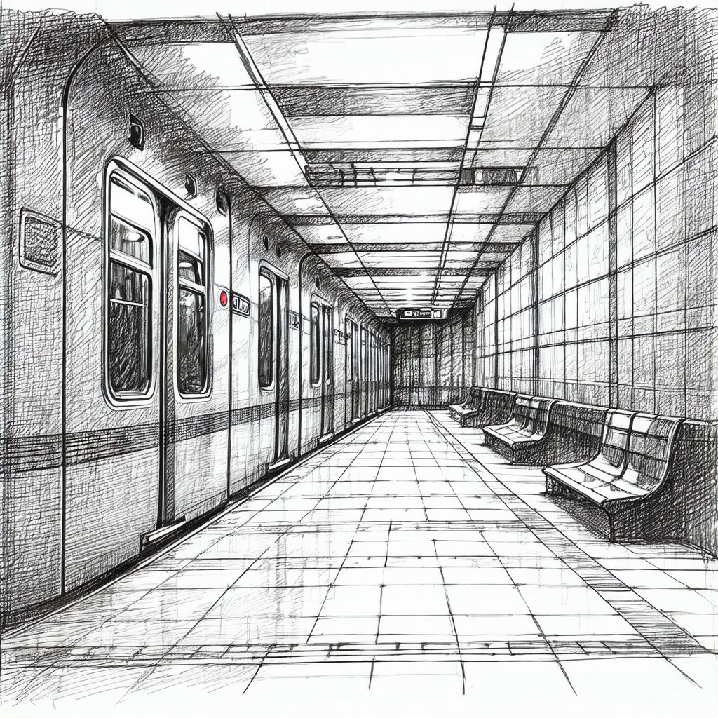 Black and white drawing of a subway train station