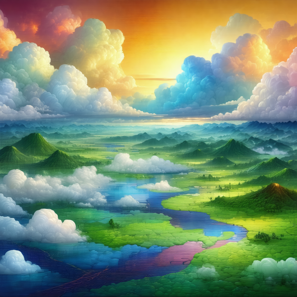 Painting of a lush green valley with a river flowing thro...