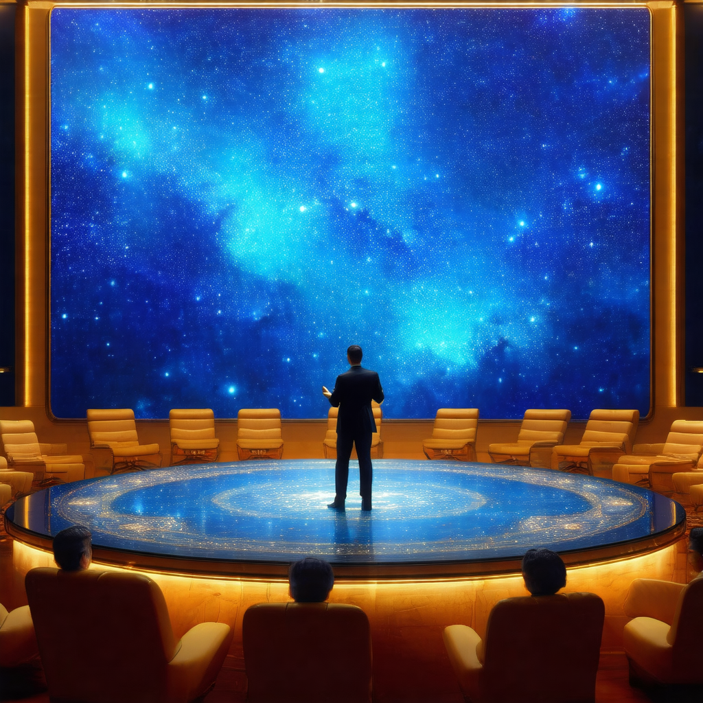 Man standing in the center of a large, round room, which ...