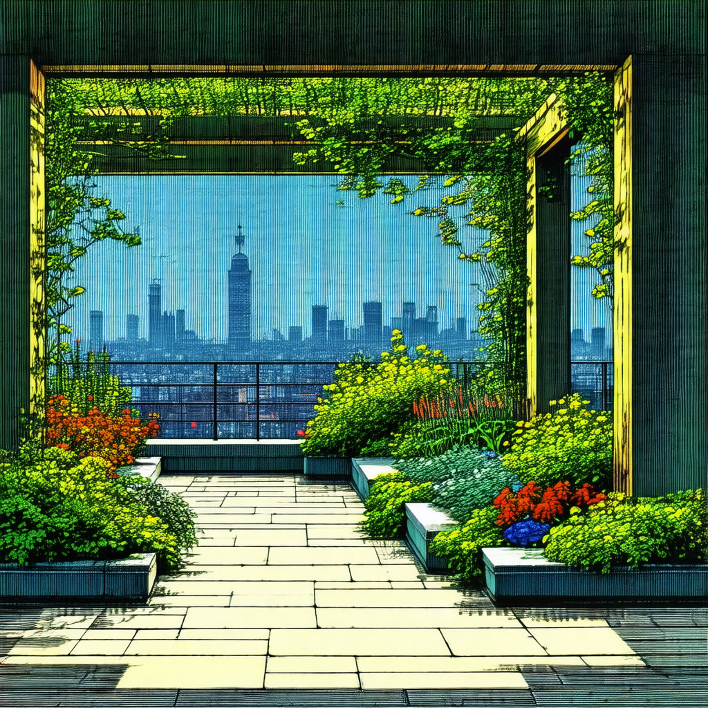 Painting of a cityscape with a large building in the back...