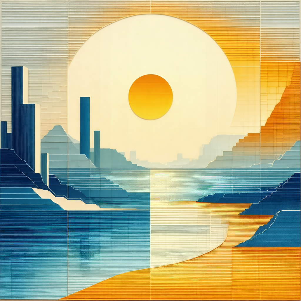 Painting of a beach scene with a large sun in the center