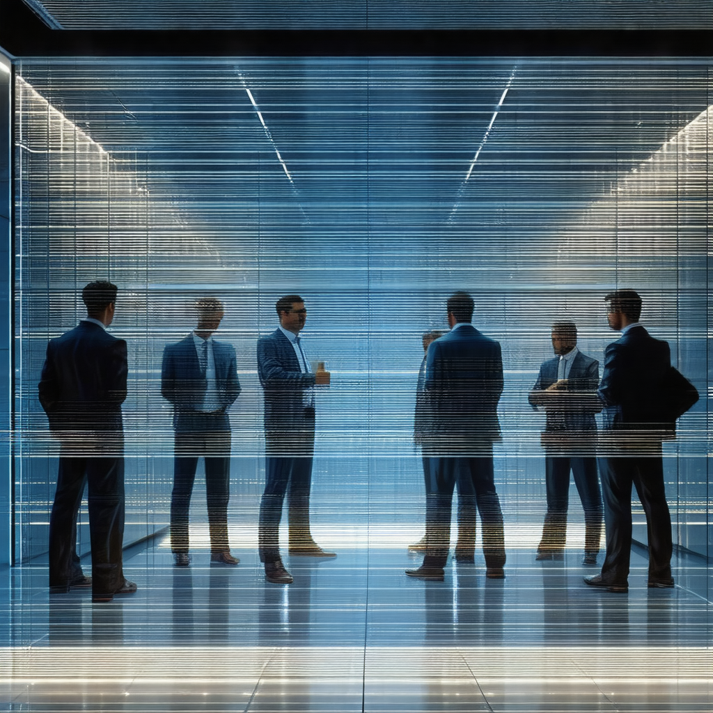 Group of men standing in a room, possibly a lobby or a co...