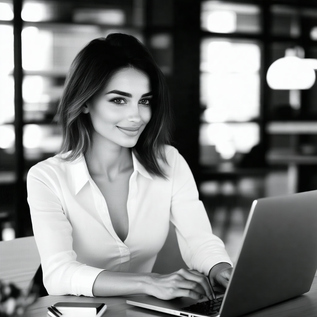 Woman sitting at a desk, working on a laptop computer