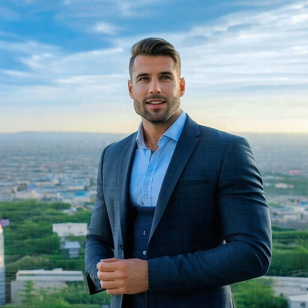 Man wearing a suit and tie, standing on a rooftop with a ...
