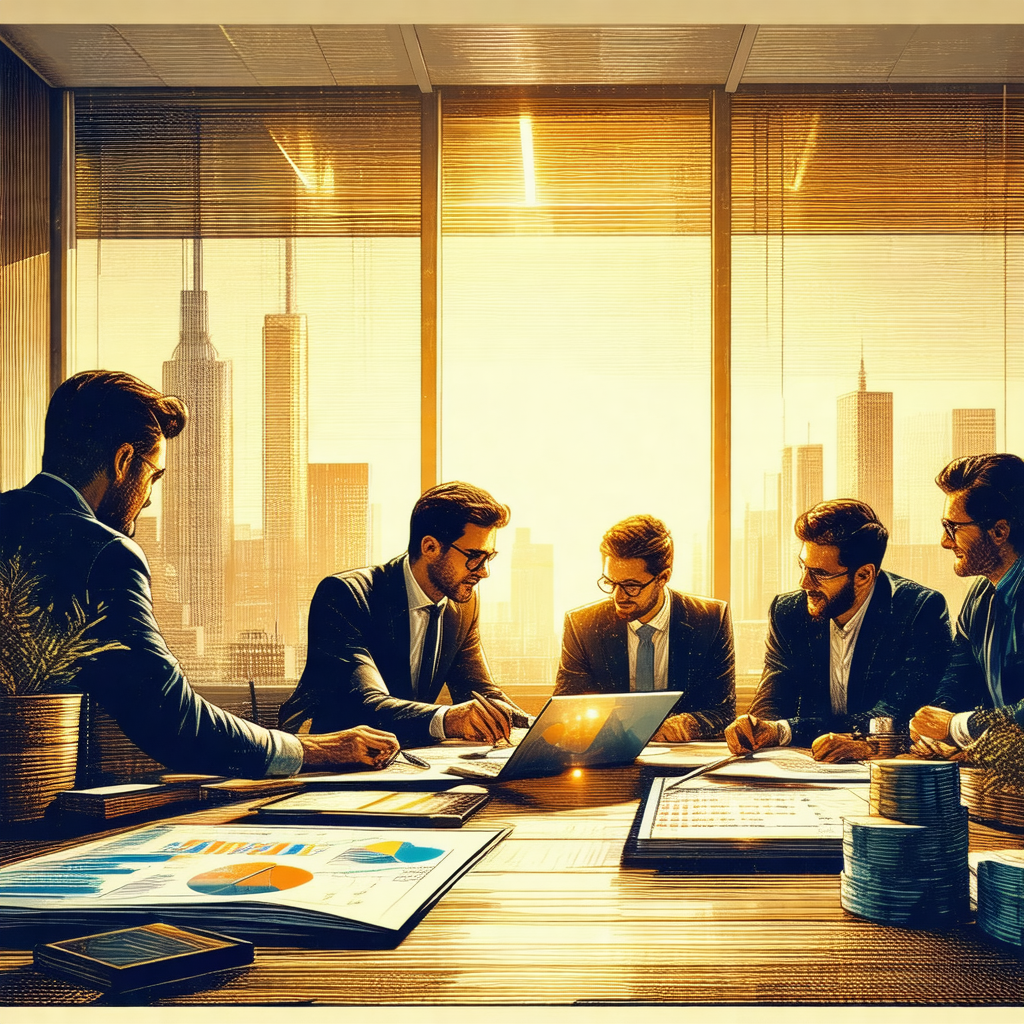 Group of businessmen gathered around a large wooden table...