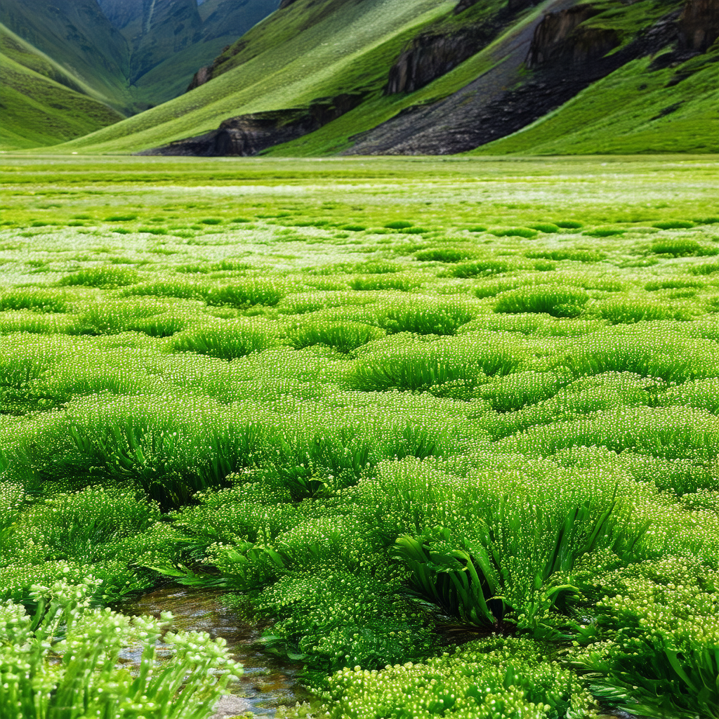 Lush green field with a mountain range in the background