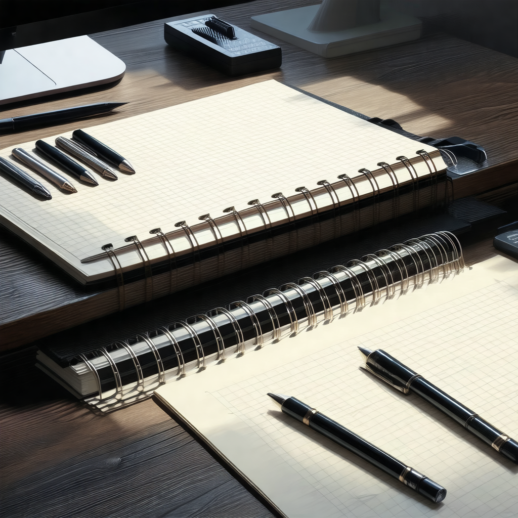 Wooden desk with a variety of writing instruments and not...