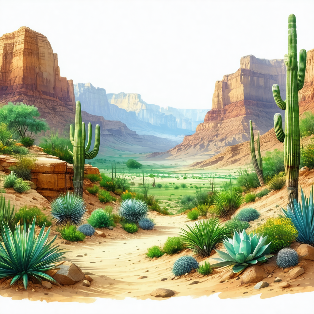 Painting of a desert landscape with a mountain range in t...
