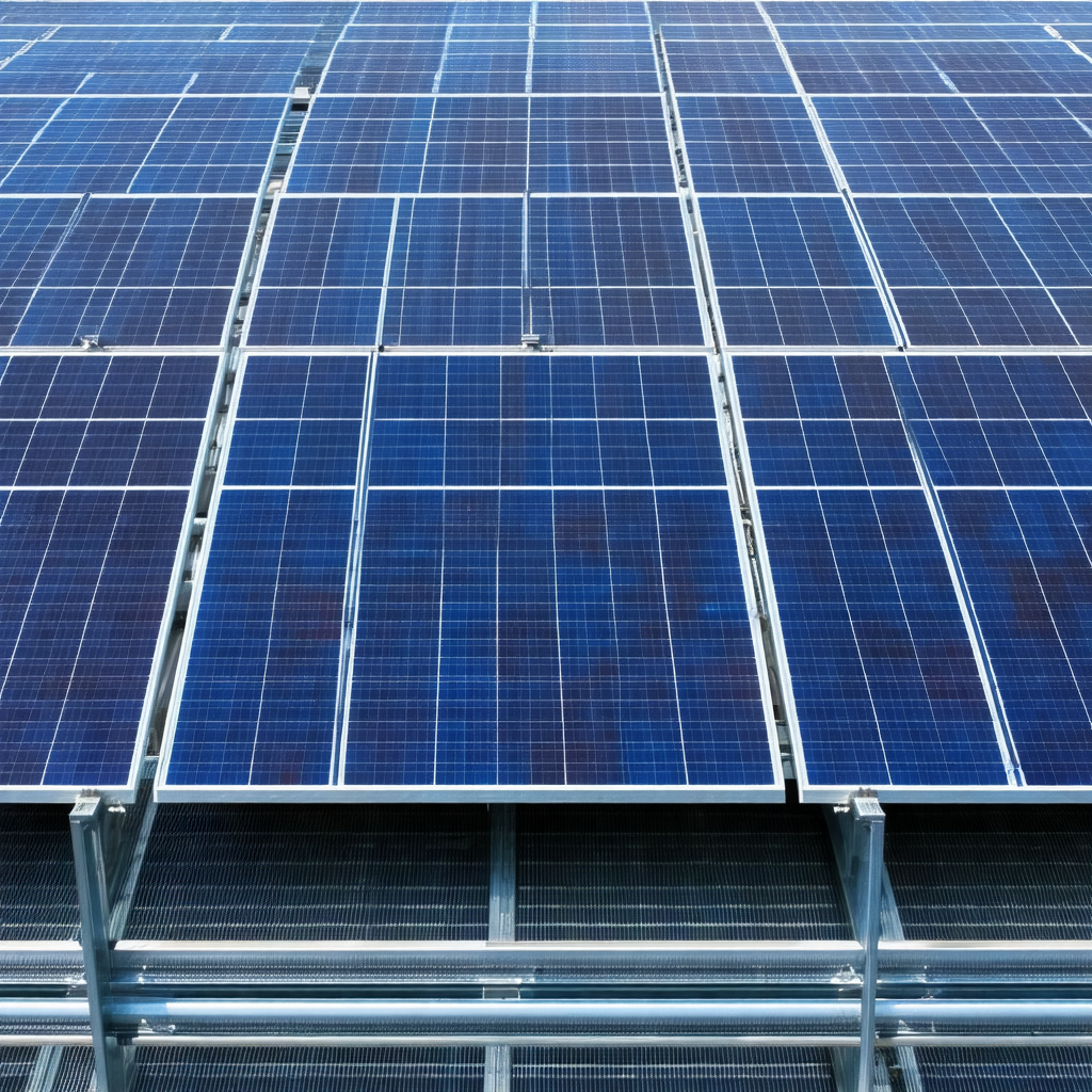 Large solar panel array, with multiple rows of solar pane...