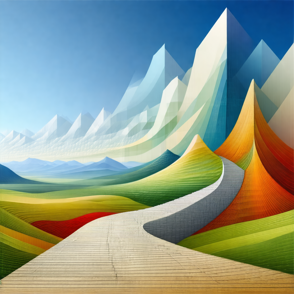 Painting of a mountainous landscape with a road running t...
