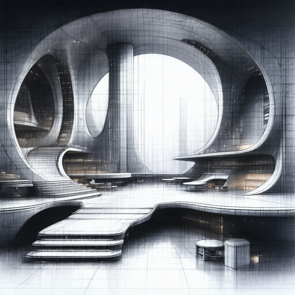 Black and white drawing of a futuristic building with a l...
