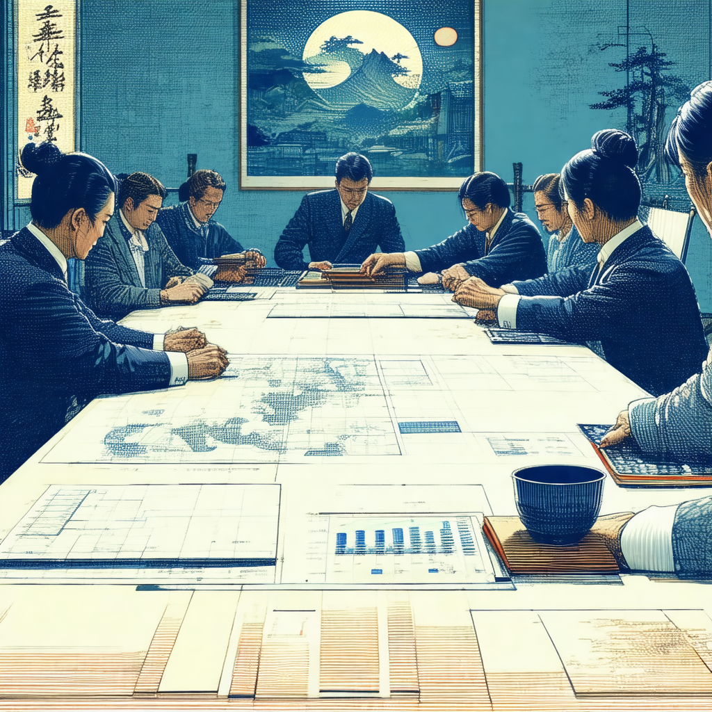 Painting of a group of people sitting around a large table