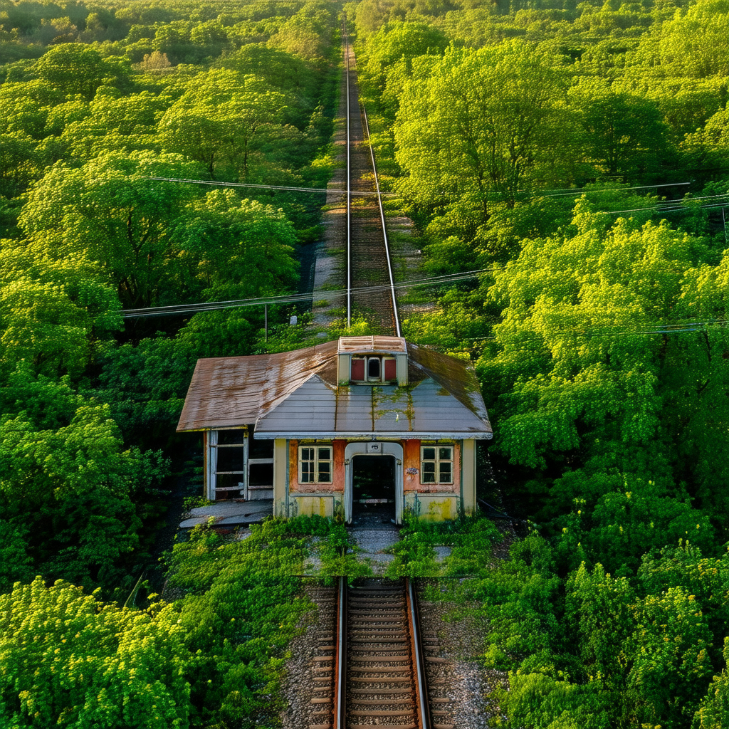 Small, old train station situated in a lush green forest