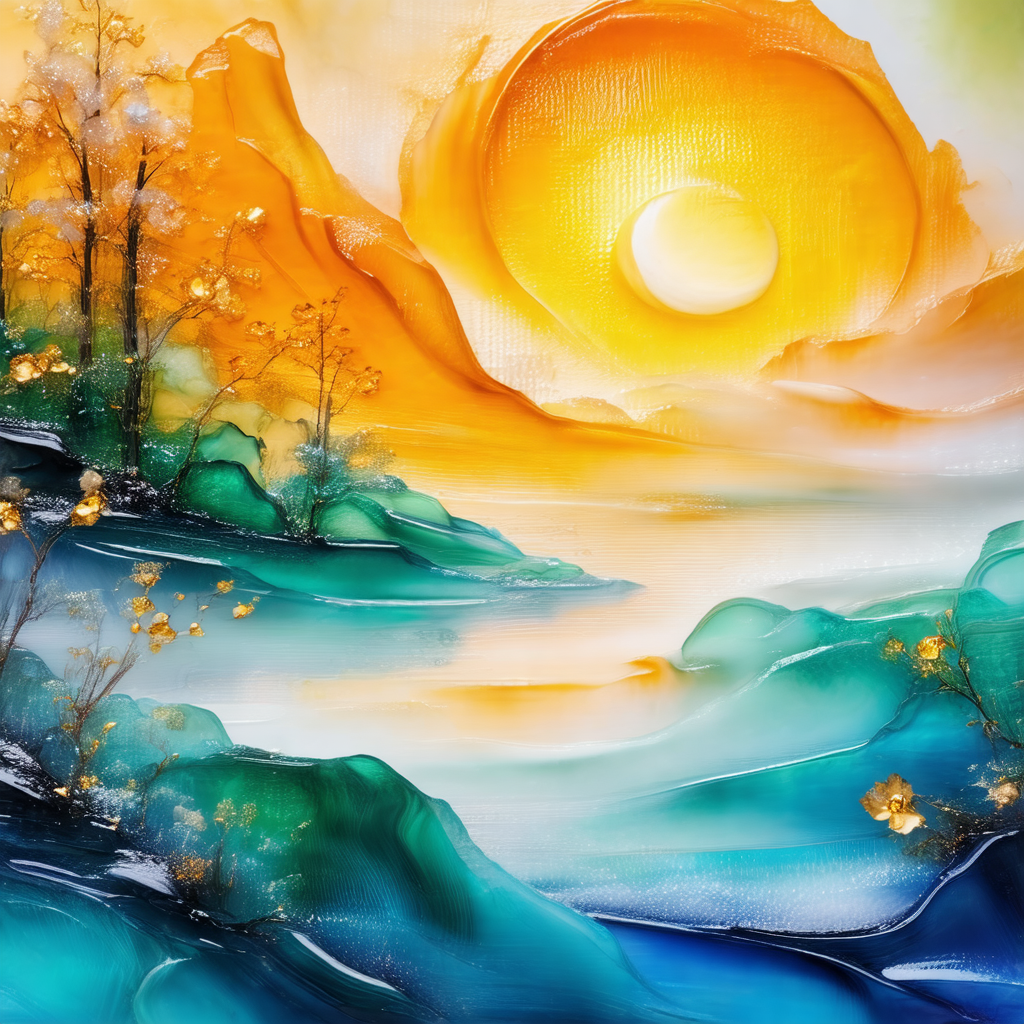 Painting of a beautiful landscape featuring a body of wat...