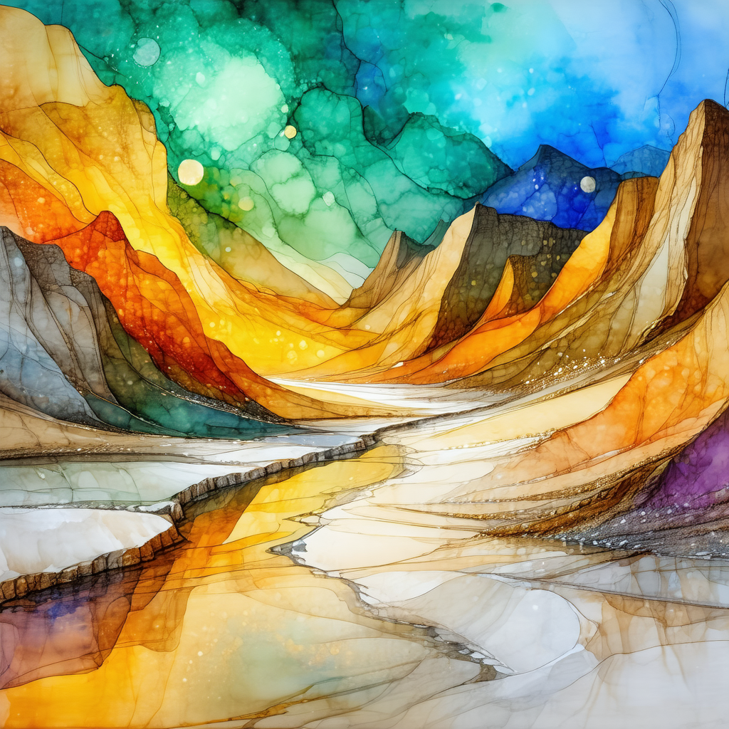 Painting of a mountainous landscape with a river flowing ...