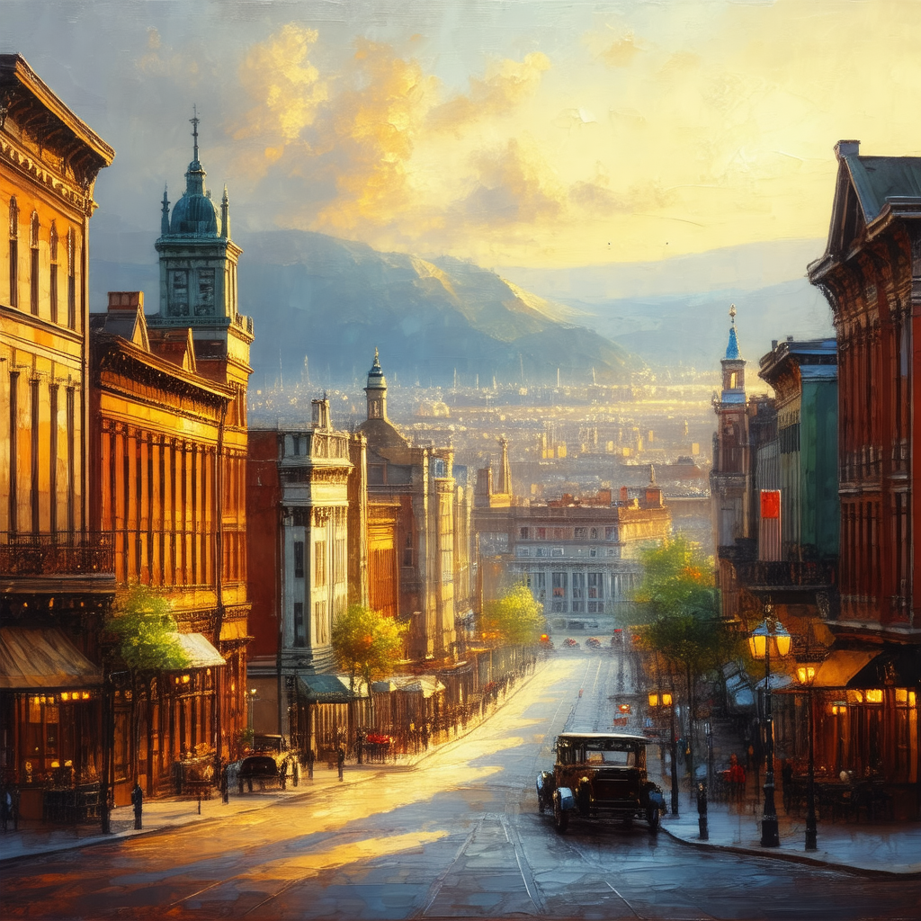 Painting of a city street at dusk