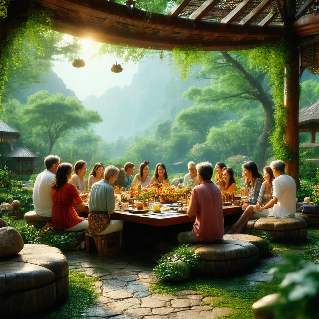 Large group of people gathered around a dining table in a...