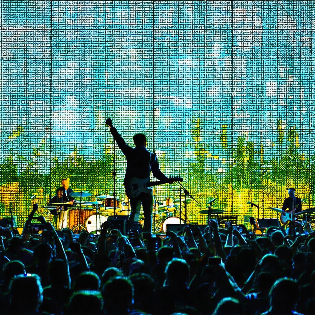 Captures a lively concert scene with a man standing on a ...