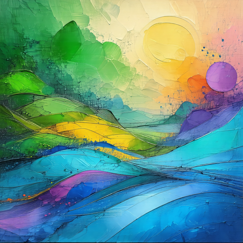 Painting of a beautiful landscape featuring a sunset