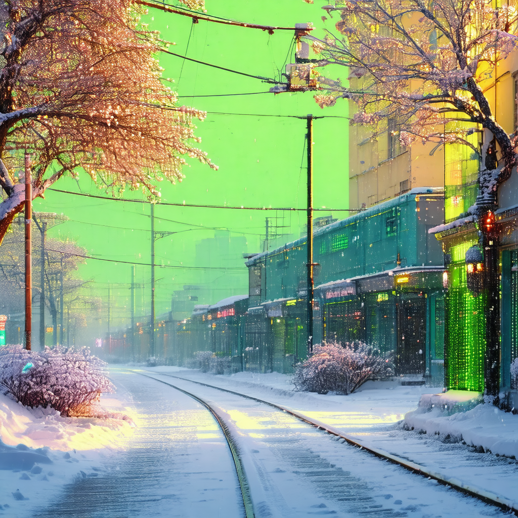 Snowy city street with a train running along the tracks