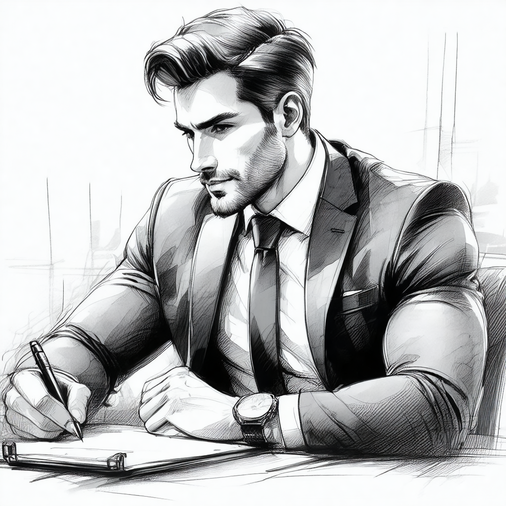 Black and white drawing of a man wearing a suit and tie