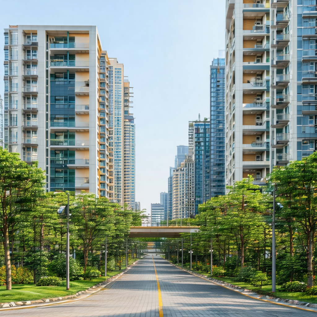 City street with a long row of tall buildings on both sides