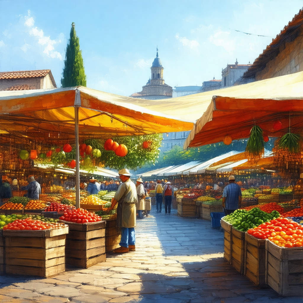 Bustling outdoor market filled with people shopping for f...