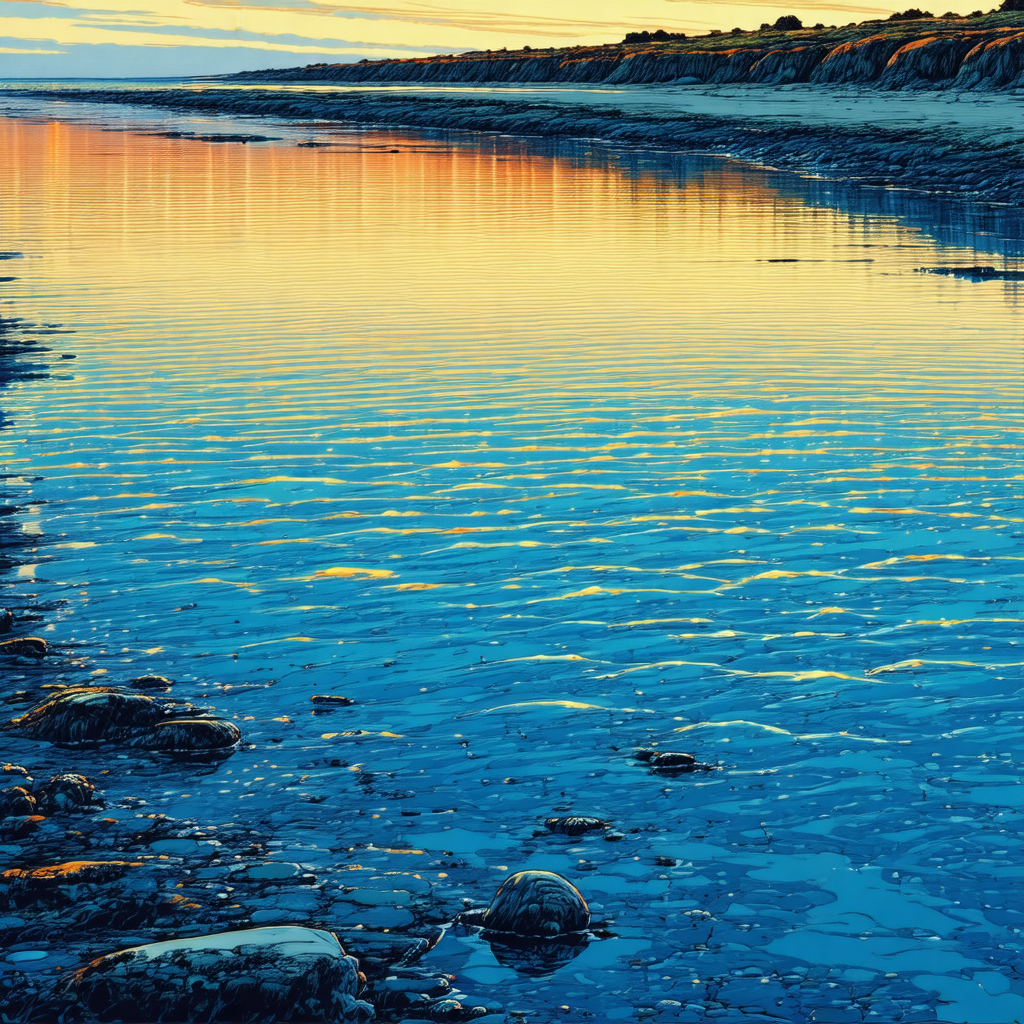 Serene lake with a rocky shoreline